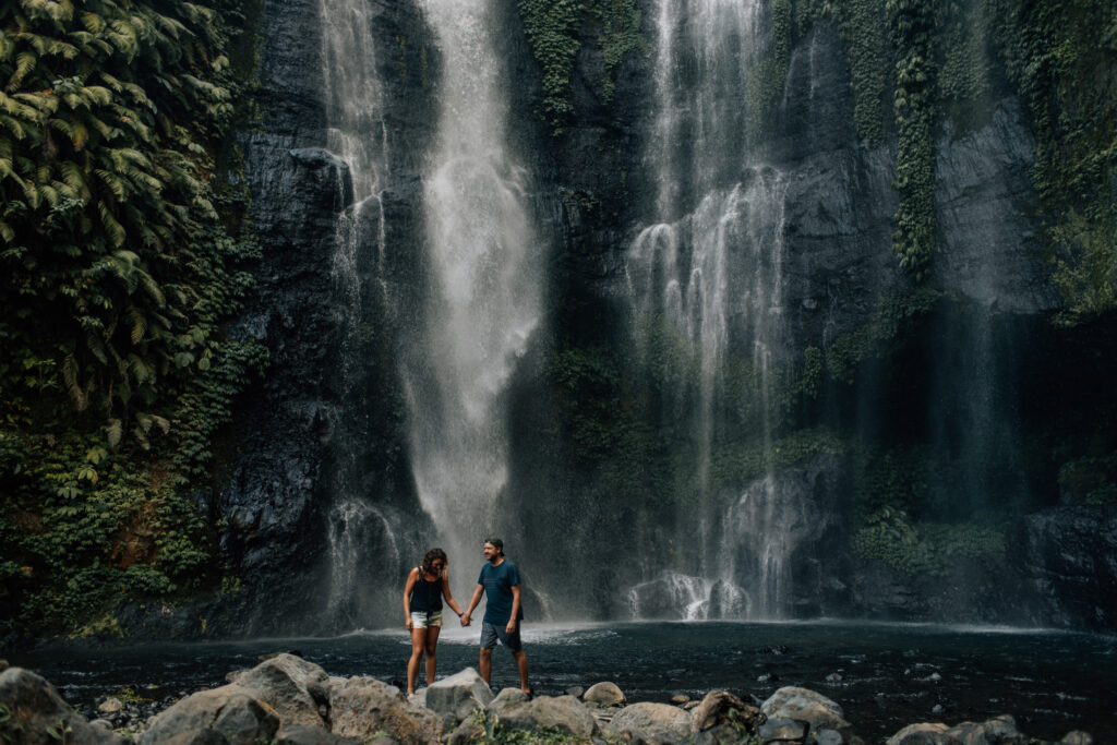 bali waterfall with stefan and audrey at the base