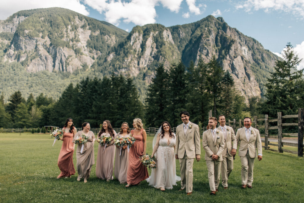 north fork farm wedding party walking