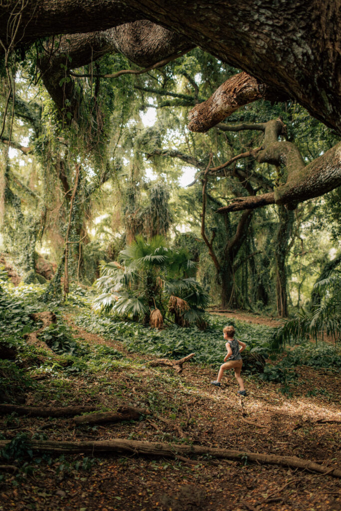 boy running through jungle at honolua bay maui