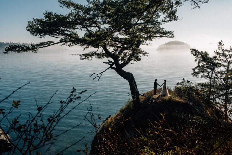 couple on a cliff at a deception pass elopement