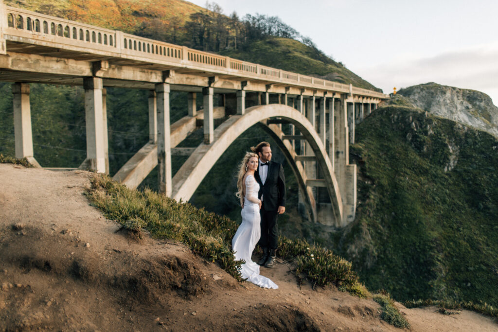 Big Sur Wedding couple with bridge